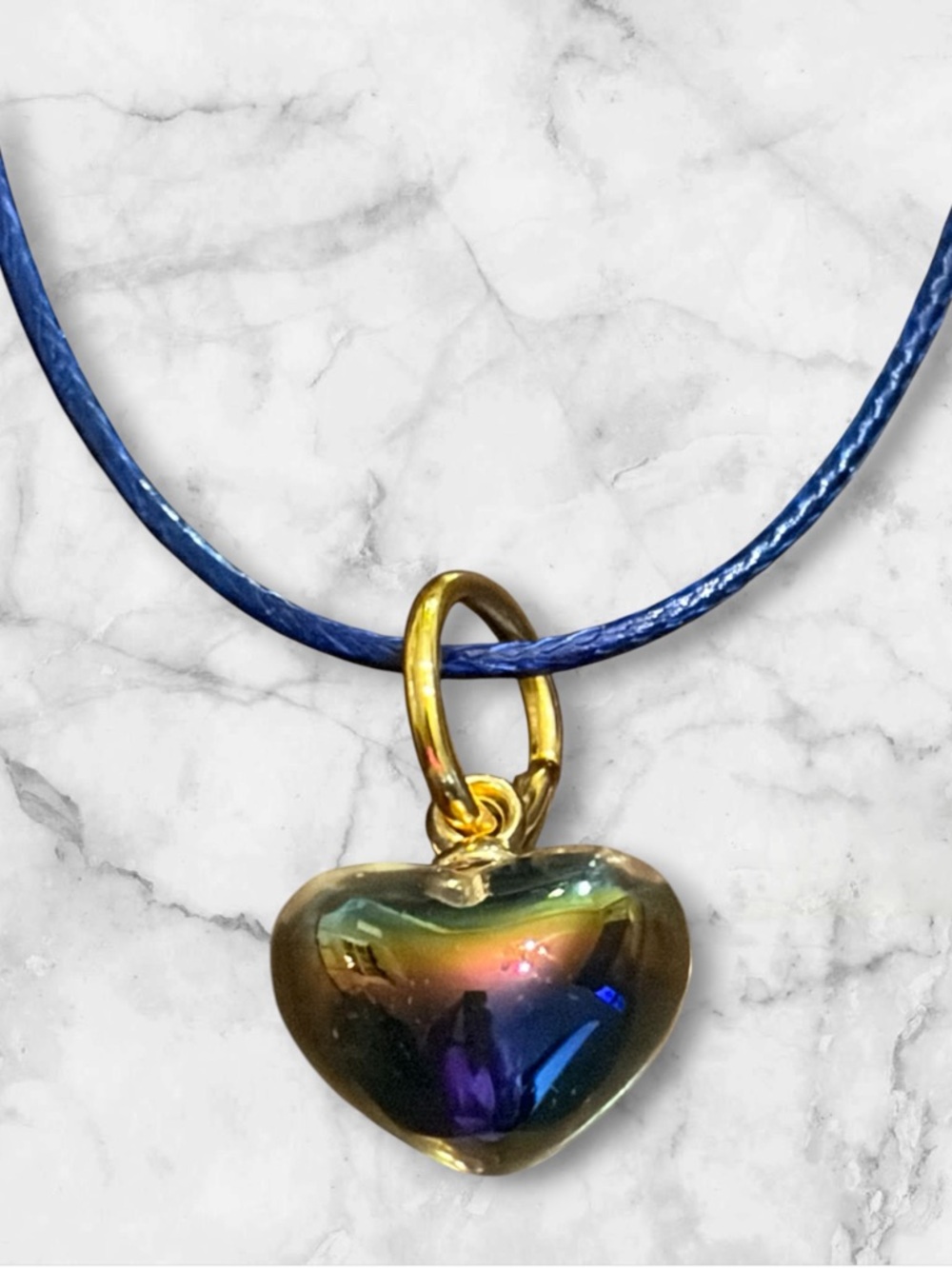 Gold Heart Pendant Necklace with Iridescent Multicolor Glass - Women Jewelry